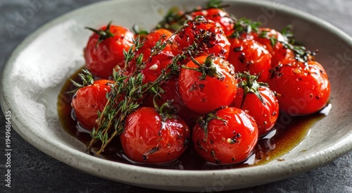 Glazed Cherry Tomatoes with Herbs on Rustic Plate, Close-Up.