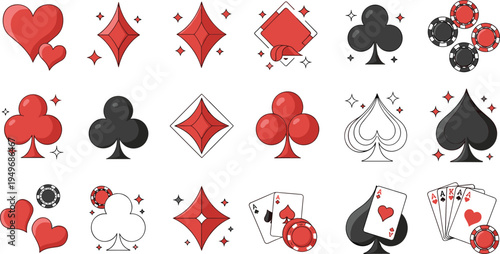 Casino and gambling vector icon set with playing card suits hearts diamonds clubs spades poker chips and winning aces for online gaming and betting design