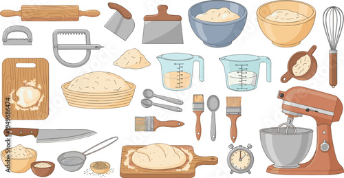 Baking tools and kitchen equipment vector set with mixer rolling pin flour bowls and measuring cups for homemade bread and pastry cooking design