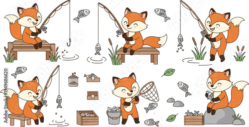 Cute fox character collection fishing at a pond with rods fish and nets for outdoor adventure children nursery decor and woodland animal greeting card design