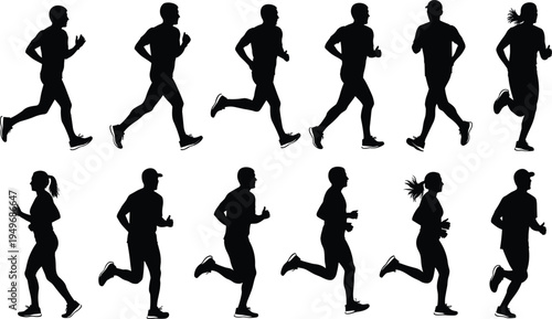 Running people silhouettes set isolated on white background showing male and female runners jogging in motion fitness training marathon athlete vector collection