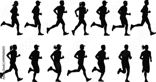 Running people silhouettes collection showing male and female runners jogging and sprinting isolated on white background fitness sport motion vector illustration set