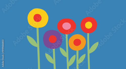 A charming arrangement of five stylized, colorful flower illustrations with round petals and green stems, set against a calming blue backdrop, radiating simplicity and joy
