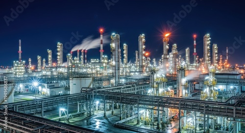 A nighttime photograph captures a sprawling petrochemical complex illuminated against a dark sky.