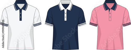 Polo shirt collection illustration with different color styles, classic short sleeve collar t shirts for casual fashion clothing design isolated on white background