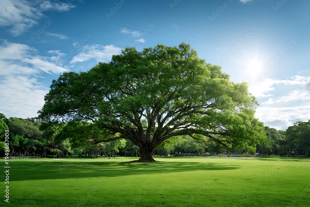 Fototapeta premium Majestic ancient oak tree in a green park with sunlight shining through branches