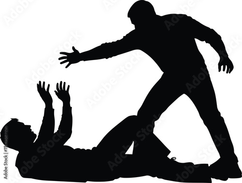 Self defense concept silhouette of man helping another man stand up after fall, support and assistance gesture, teamwork rescue action vector illustration