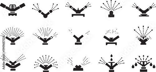 Collection of various sprinkler system icons in black silhouette