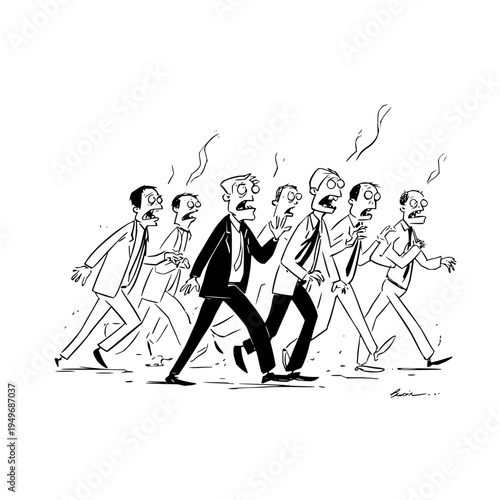 Businessmen in a frantic rush stressed office workers in a chaotic hurry cartoon illustration