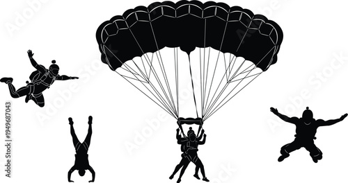 Skydiving and parachute jump silhouette set, extreme sport parachutists freefalling and landing with canopy, adventure air sport action isolated vector illustration