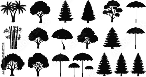 Tree and umbrella silhouette collection, palm bamboo pine and leafy trees with umbrella icons, nature landscape elements isolated vector set for design and decoration