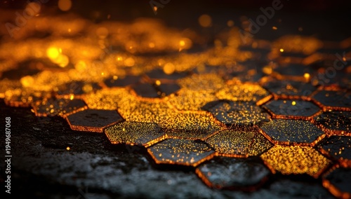 Abstract Golden Hexagon Grid with Glowing Particles and Dark Background.