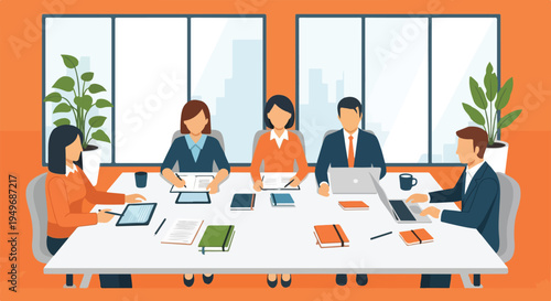 A diverse group of business professionals holds a meeting around a conference table in an office setting, actively engaging with laptops and notebooks.