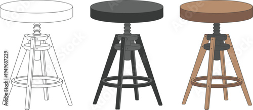 Adjustable bar stool chair set in outline black and wooden style, modern furniture seating illustration isolated on light background