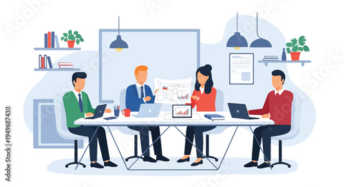 Four diverse business professionals collaborate in a modern office meeting, discussing documents and working on laptops around a conference table.