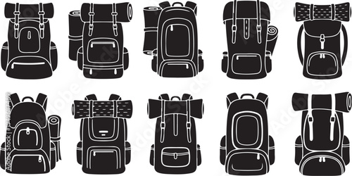Collection of various backpacks and luggage in black silhouette