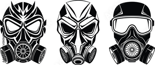 Gas mask icons set, tactical respirator silhouette, industrial safety equipment, military protective gear, chemical breathing apparatus, apocalypse hazard, biohazard protection. (20 words)