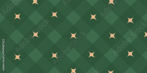 Christmas rhombus seamless pattern. Xmas plaid texture with gold line and stars. Green argyle geometric diamond abstract pattern. Christmas wrapping. Vector illustration isolated on green background.