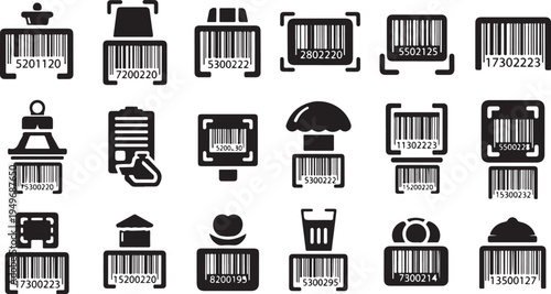 Various shopping icons with barcode labels on white background