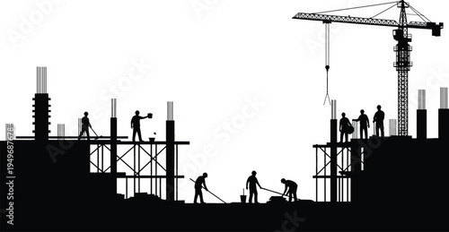 Construction workers silhouette, tower crane building site scene, urban infrastructure development, engineering teamwork shaping modern city skyline progress industry project