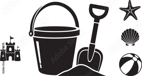 Beach Vacation Icon Set with Bucket and Shovel Silhouette