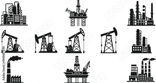 Oil and gas industry icons, petroleum refinery factory, offshore drilling rig, pump jack silhouette, energy production plant, industrial extraction, fuel. (20 words)