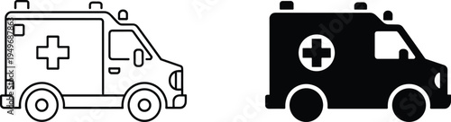Ambulance emergency vehicle icon set, medical transport rescue van symbol, healthcare emergency service concept, hospital vector illustration isolated