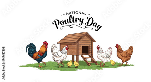 Illustration of chickens and roosters around a coop on National Poultry Day with a design celebrating poultry farming and the poultry industry on a green background.