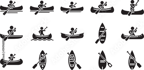 Kayaking icons set with various paddling styles and boats