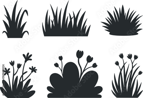 Black grass silhouettes, flower bush collection, meadow plants, nature garden elements, floral stalks, and botanical shrubs set