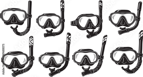 Dive masks and snorkels in a row illustration set