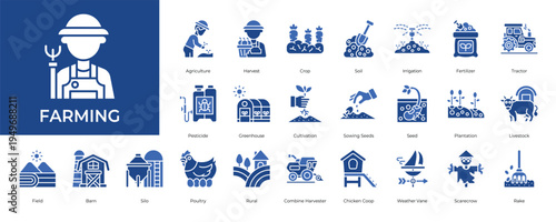 Farming Icon set Collection in Glyph Two Color Style. agriculture, plant, harvest, crop, soil, irrigation, fertilizer