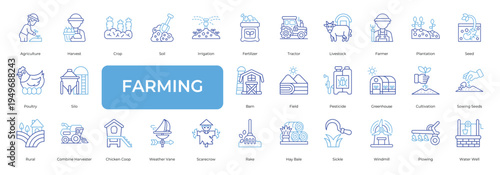 Farming Icon set Collection in Line Two Color Style. agriculture, plant, harvest, crop, soil, irrigation, fertilizer