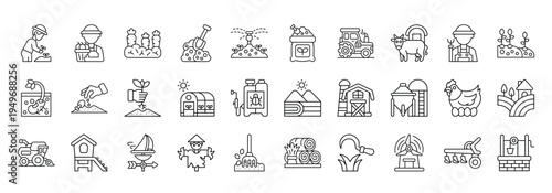 Farming Icon set Collection in Line Style. agriculture, plant, harvest, crop, soil, irrigation, fertilizer