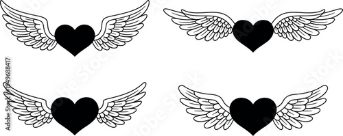 Flying heart silhouettes with angel wings collection, love symbols, romantic wedding elements, and feathered wings icons set