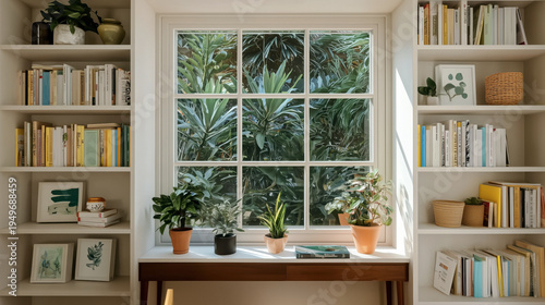 Home library window with books and potted plants zoom virtual meetings backgrounds backdrop