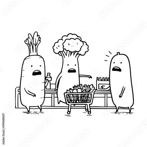 Vegetables in a grocery store shocked and surprised standing around a shopping cart