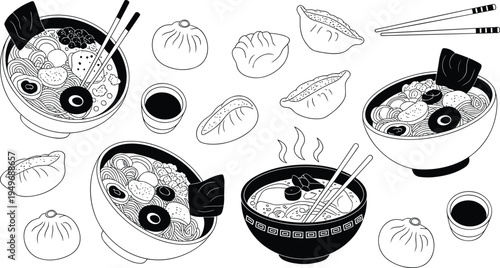 Asian ramen noodles dumplings and soup bowls line art vector illustration set, traditional Japanese cuisine food collection