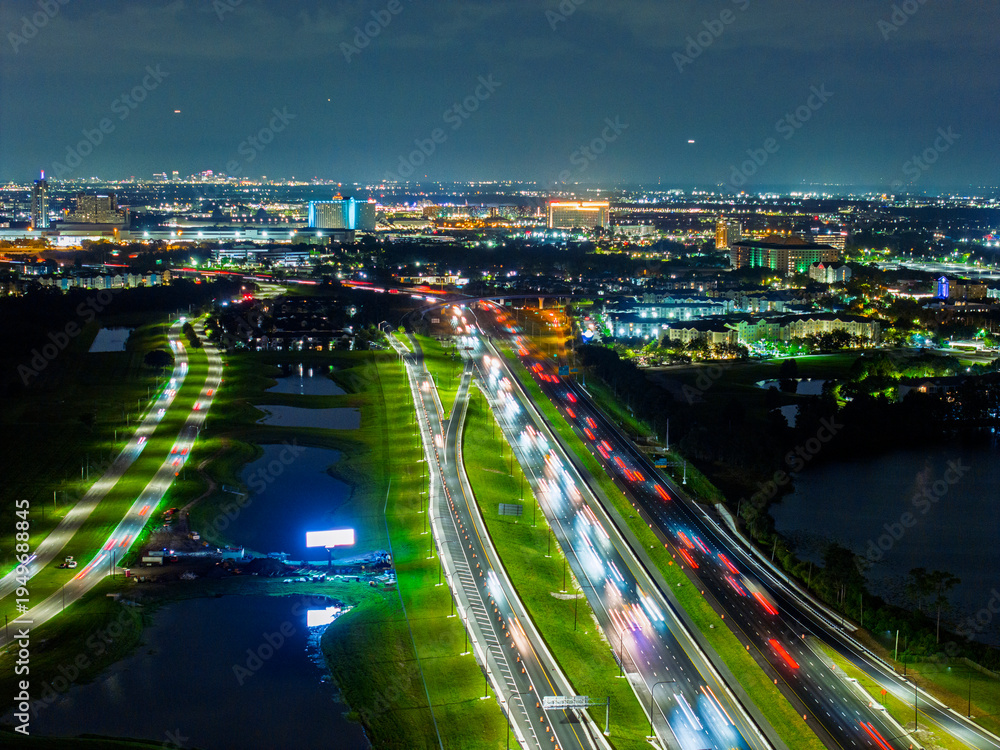 Obraz premium Night Aerial View of Orlando Traffic and City Lights