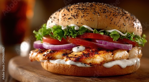 Gourmet Chicken Burger with Fresh Toppings on Wooden Board, Close-Up.