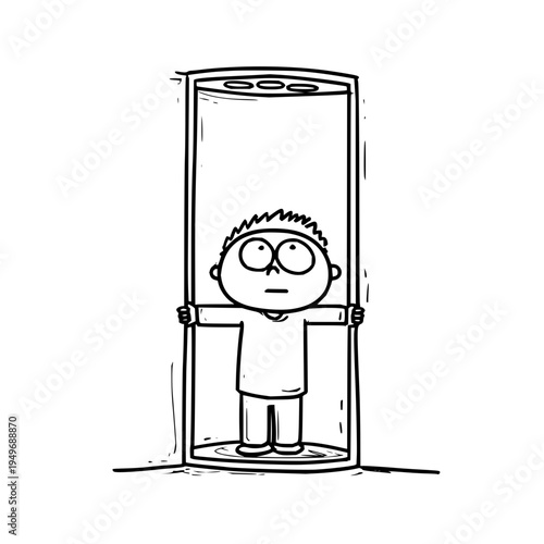 Cartoon boy trapped in a tall clear plastic tube or cylinder looking worried