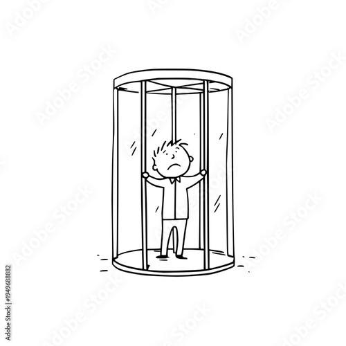 Sad man trapped in a cylindrical glass prison cage feeling anxious and confined in a simple black line drawing
