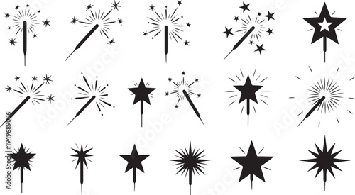 Collection of black star and sparkler icons on white