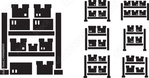 Black and white castle buildings on shelves illustration set