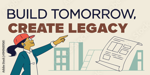 A professional woman points to blueprints with a city skyline backdrop. She embodies ambition and future-building. ?Build Tomorrow, Create Legacy? text. See Less