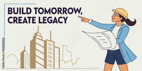 A professional woman points to blueprints with a city skyline backdrop. She embodies ambition and future-building. ?Build Tomorrow, Create Legacy? text. See Less