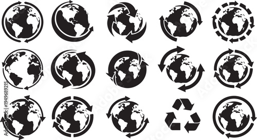 Earth Day Recycling Symbols and Globe Icons Set Illustration