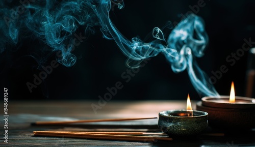 Incense Sticks and Candles with Swirling Smoke on Dark Background.