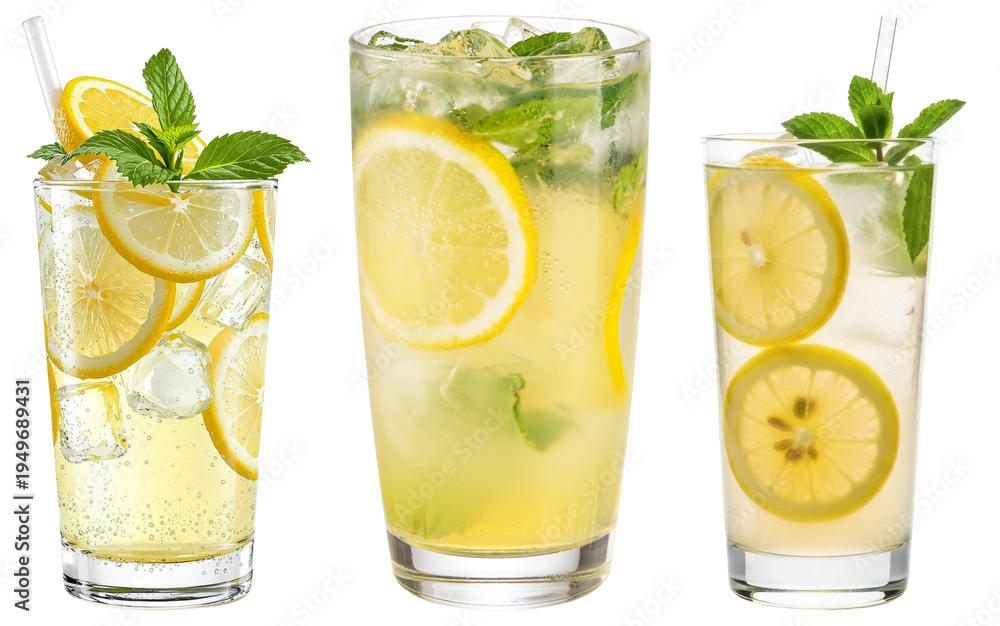 Fototapeta premium Three vibrant glasses of homemade lemonade with fresh lemon slices and mint leaves, a perfect summer drink.