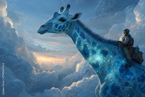 A person rides a majestic, glowing blue giraffe adorned with star-like patterns through a dreamlike sky of clouds and celestial nebulae. 